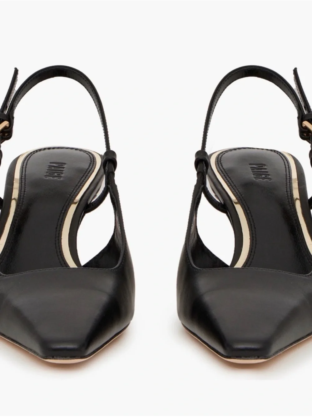PAIGE Winnie Black Leather Pointed Toe Slingback Pump with Gold Buckle - Picture 2 of 10